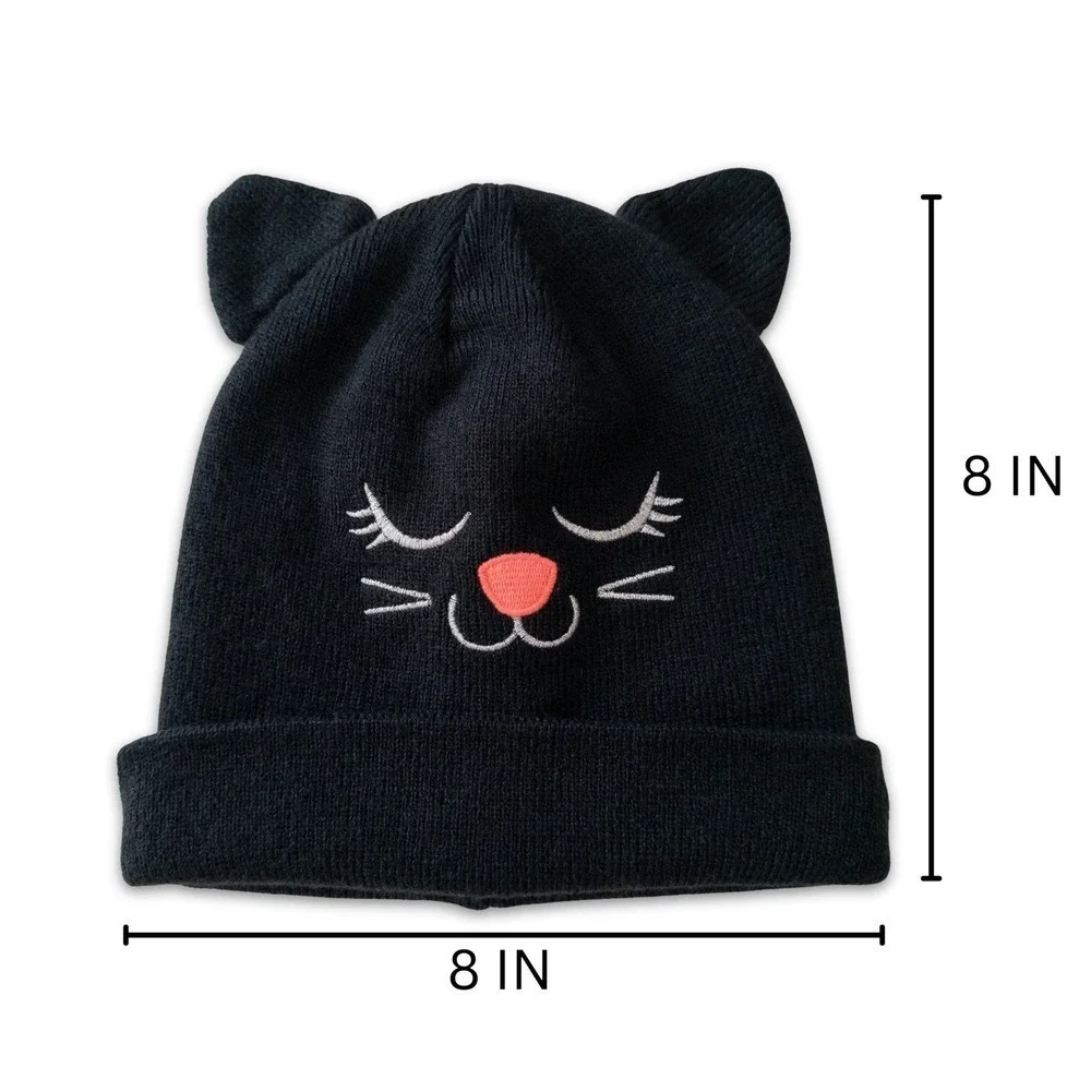 Girls Black Cat Beanie Hat with Ears‎ Winter Knit Cute Halloween Costume Kitten